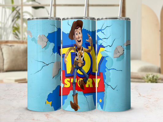 Woody from Toy Story bursting through a blue, cracked wall.