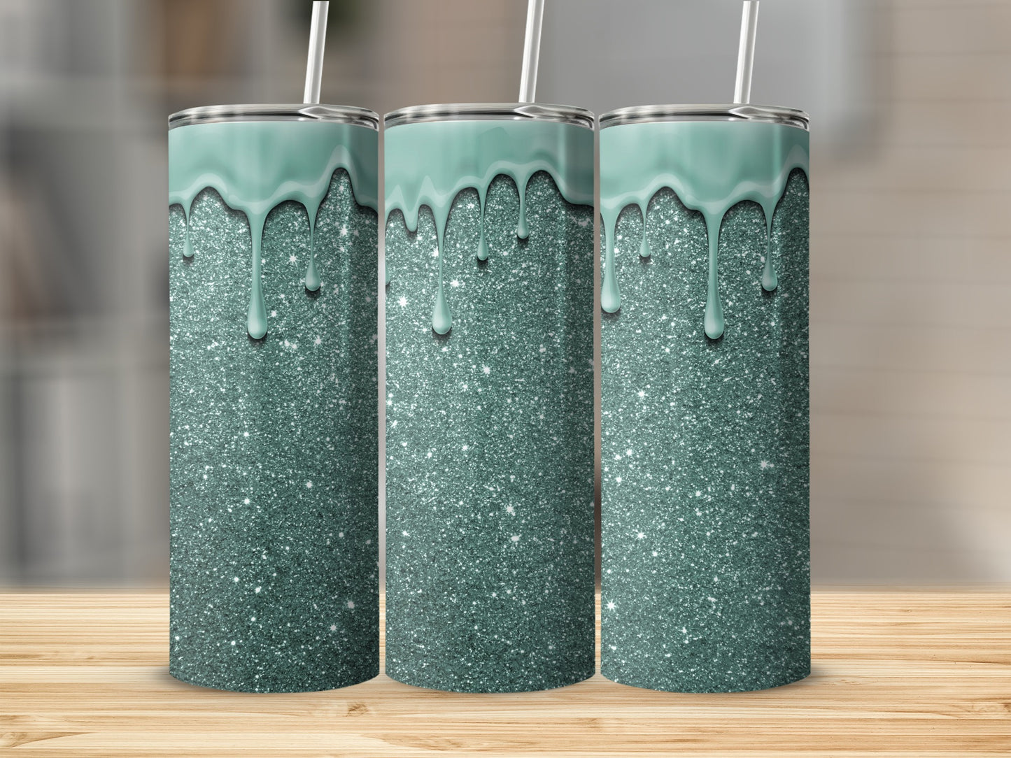 Sparkling Tumbler with Teal Dripping Glitter Design