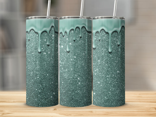 Sparkling Tumbler with Teal Dripping Glitter Design