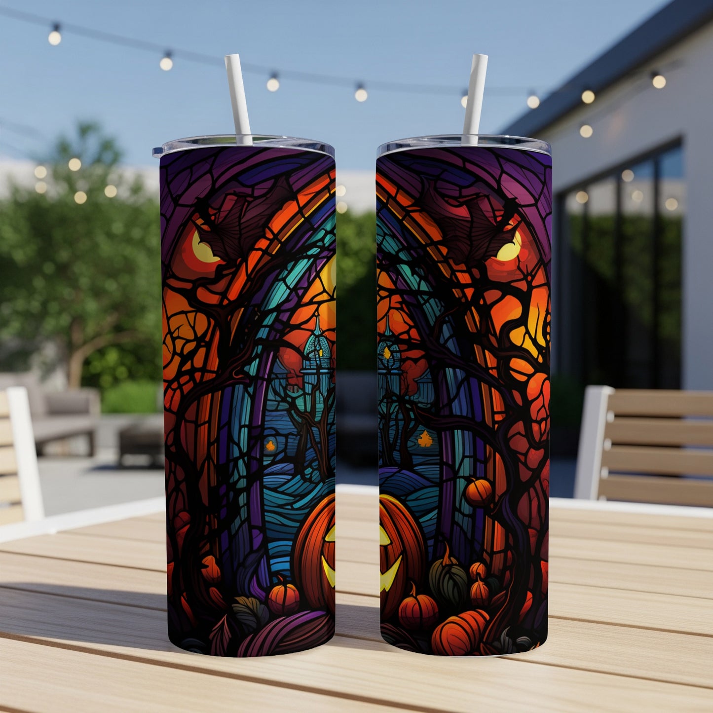 Two Halloween-themed tumblers with pumpkins and bats on an outdoor table.