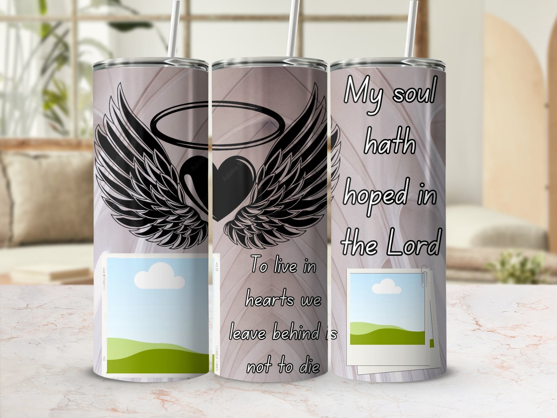 Angel wings heart design with quotes "To live in hearts we leave behind is not to die" and "My soul hath hoped in the Lord".