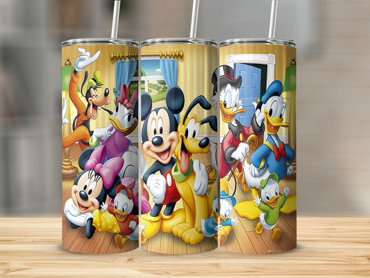 Mickey Mouse, Minnie Mouse, Donald Duck, Goofy, and Pluto characters on three tumblers.