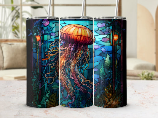 Jellyfish and coral underwater scene on a stainless steel tumbler.