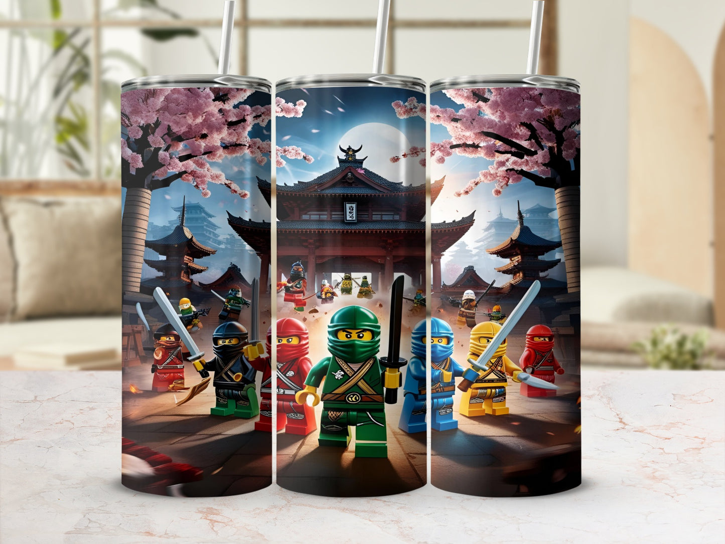Lego Ninjago characters in front of a Japanese temple with cherry blossoms.