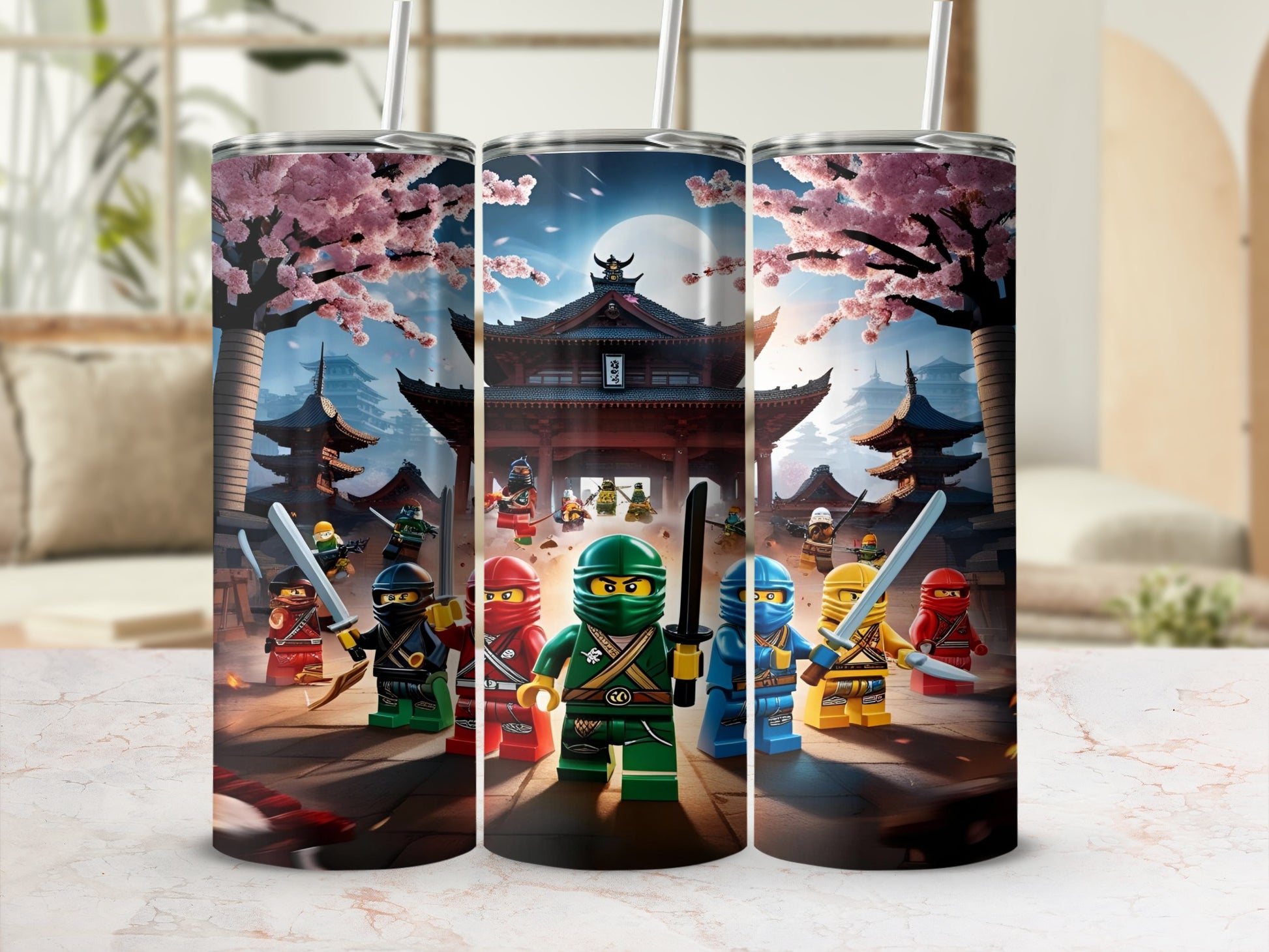 Lego Ninjago characters in front of a Japanese temple with cherry blossoms.