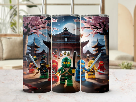 Lego Ninjago characters in front of a Japanese temple with cherry blossoms.