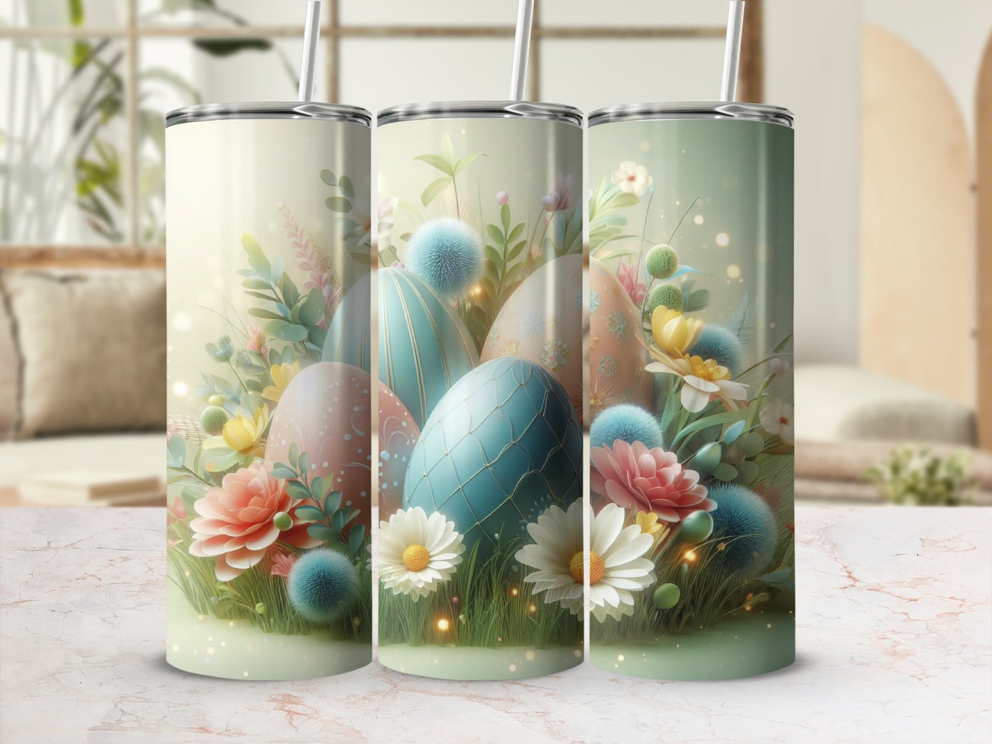 Three Easter themed tumblers with floral and egg designs.