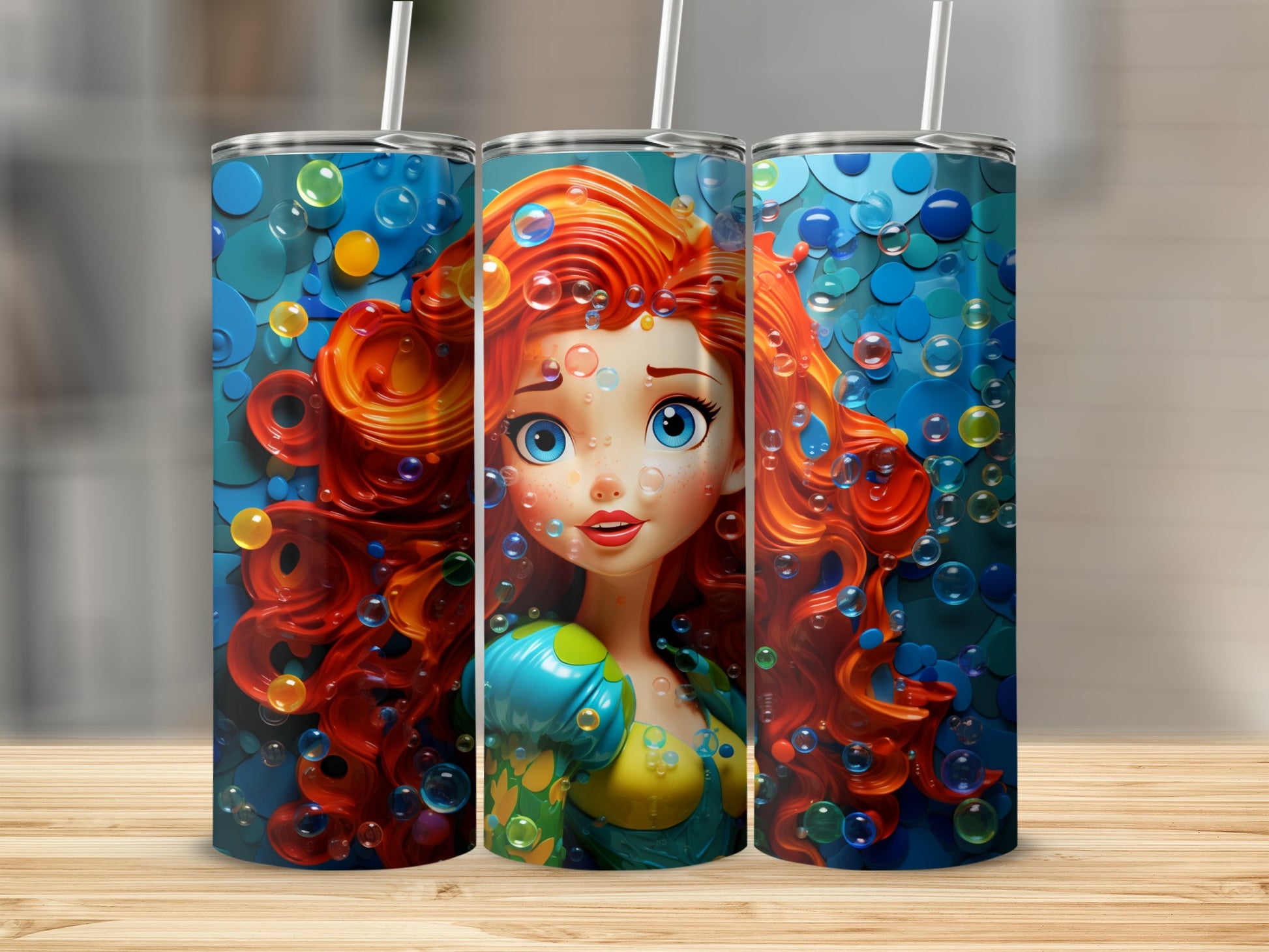 Cartoon Red-Haired Mermaid Design Tumbler Cup