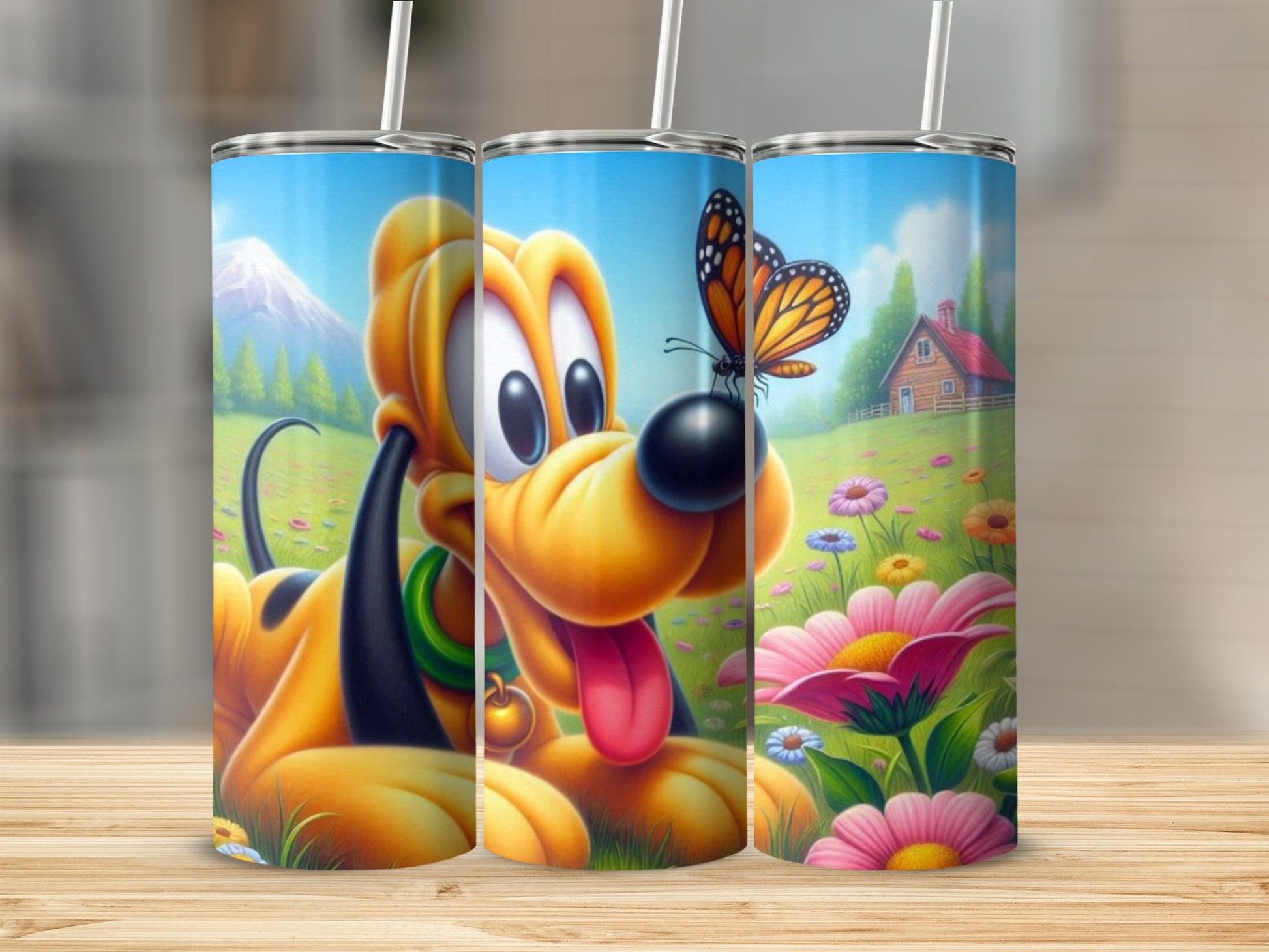 Cartoon Dog with Butterfly and Flowers Tumbler Cup