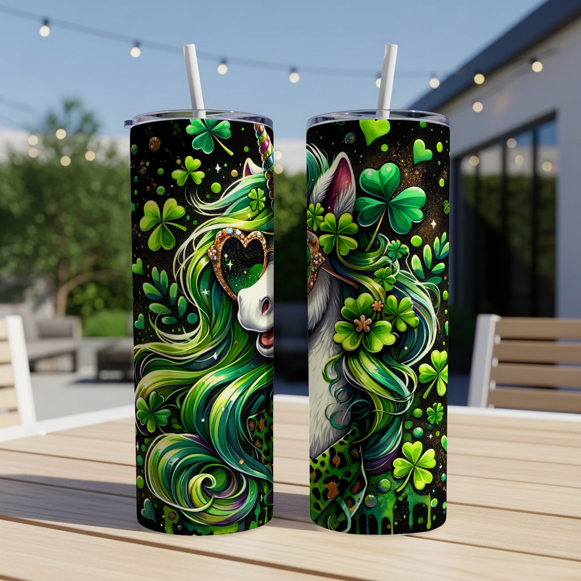 St. Patrick's Day unicorn tumbler with shamrocks and green sparkly mane.