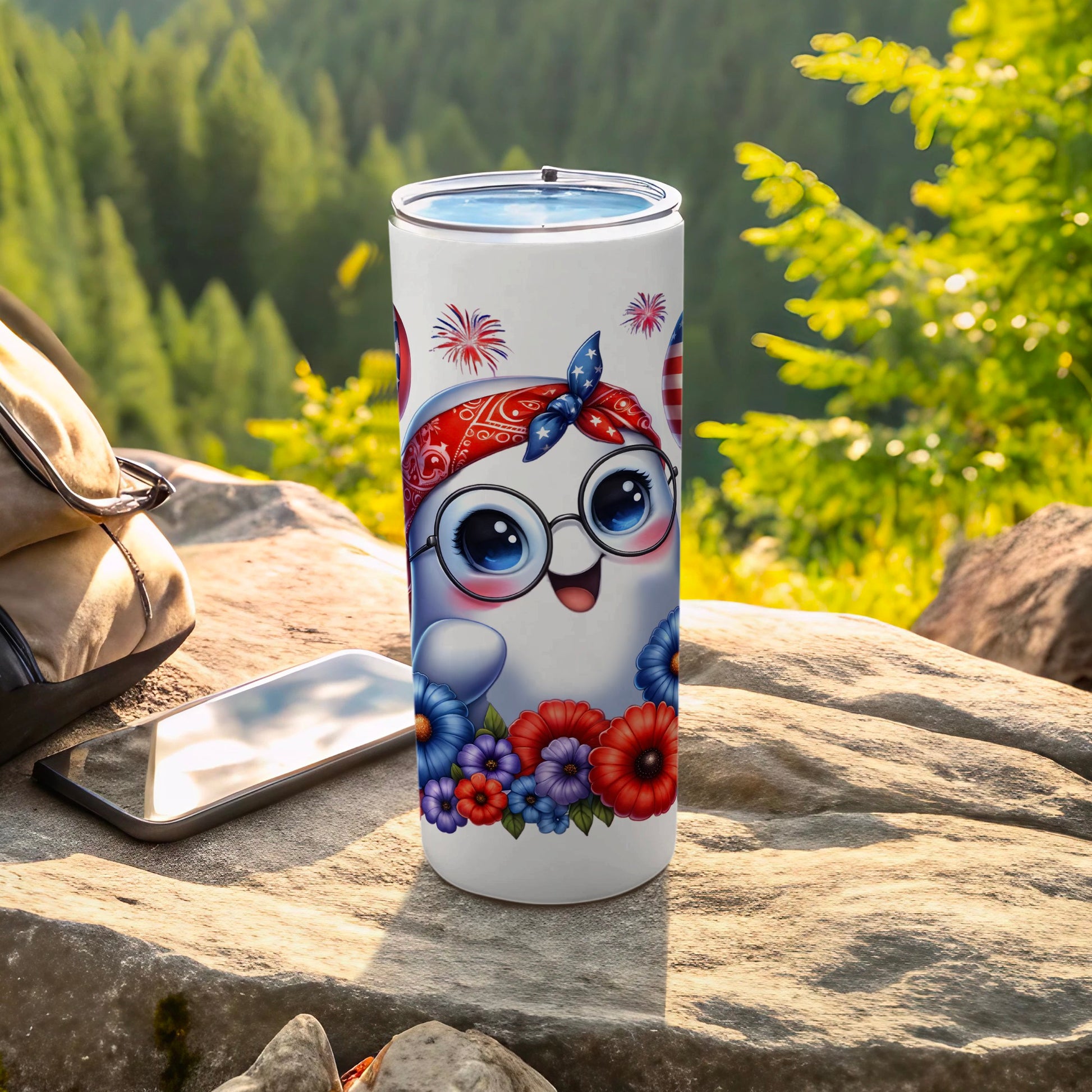 White tumbler with cute ghost, flowers, and fireworks, patriotic bandana.