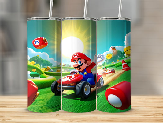 Mario Kart racing scene with Mario in the foreground, on a wooden surface.