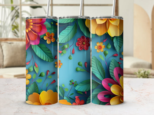 Three tumblers with floral and leaf designs, each with a straw.