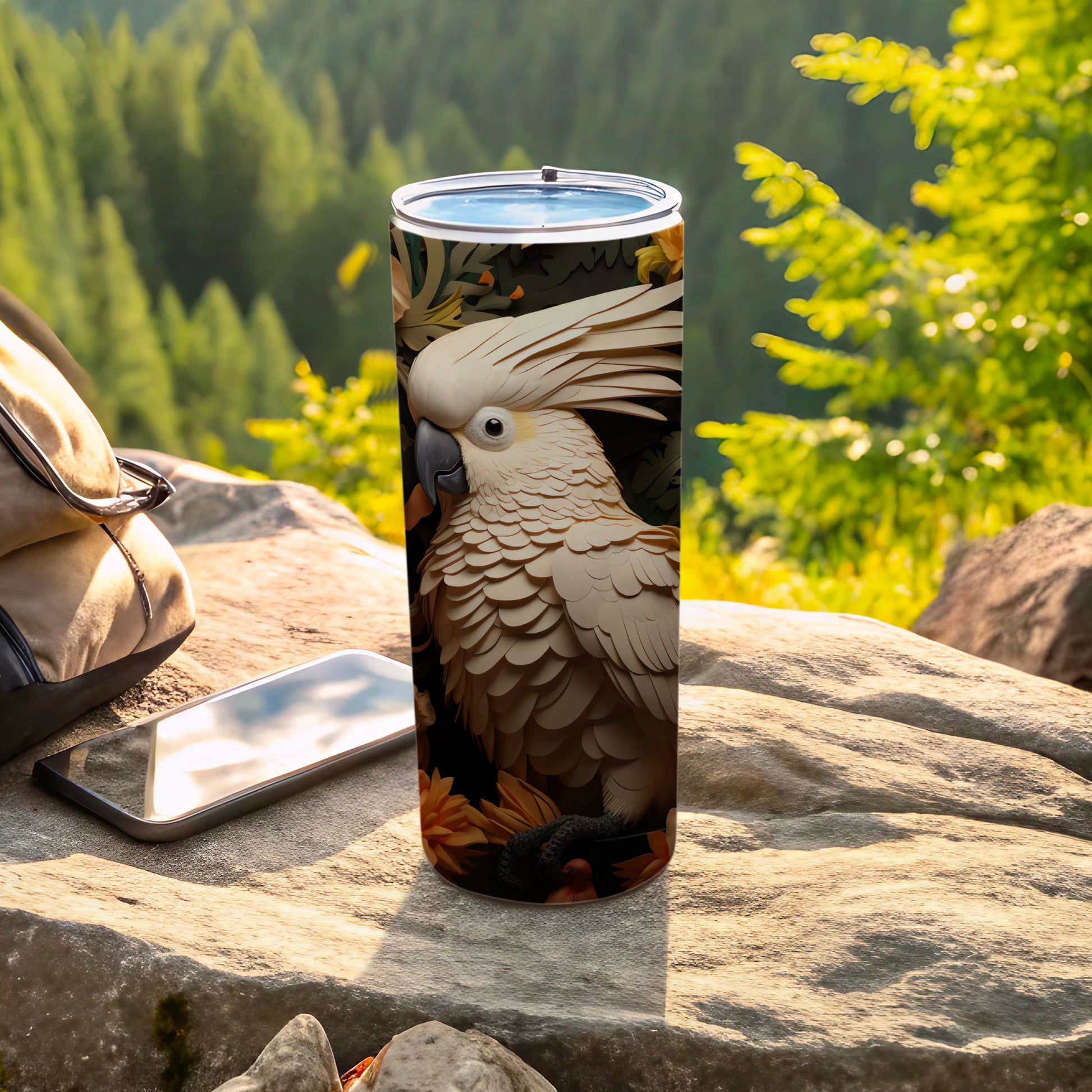 Exotic Cockatoo Art Design Nature Inspired Tumbler product type
Cockatoo, Bird design, Exotic bird, Tropical parrot, Nature inspired, Wildlife art, Artistic tumbler, Cockatoo tumbler, Tumbler mug, Insulated drinkware, Travel cup, Outdoor adventure, Forest backdrop, Green landscape, White bird, Layered artwork, Unique design, Stylish drink, Parrot print, Beverage container