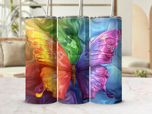 Three tumblers featuring colorful butterfly wings in a swirling, abstract design.