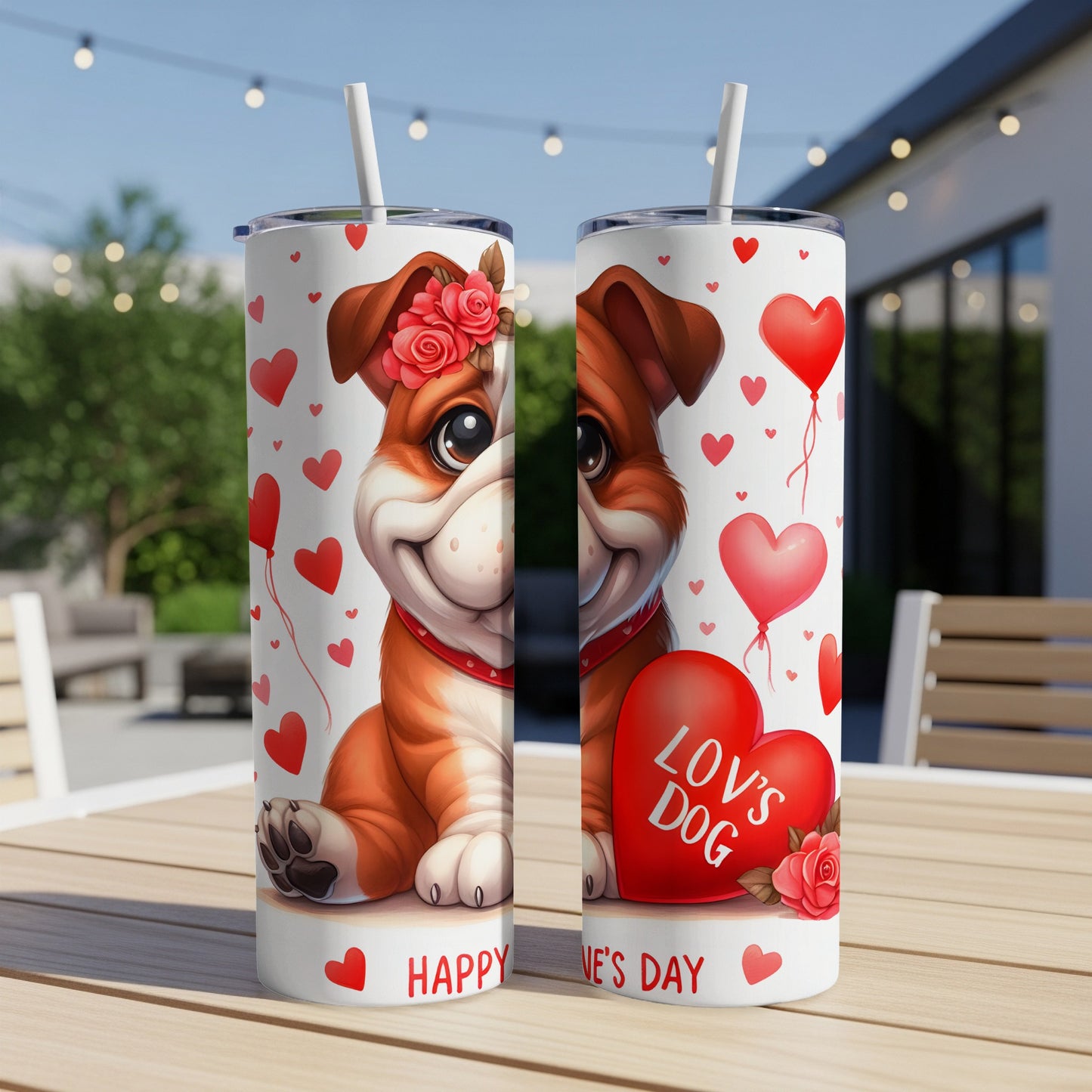 Bulldog with "Happy Valentine's Day" and heart balloons on a tumbler.