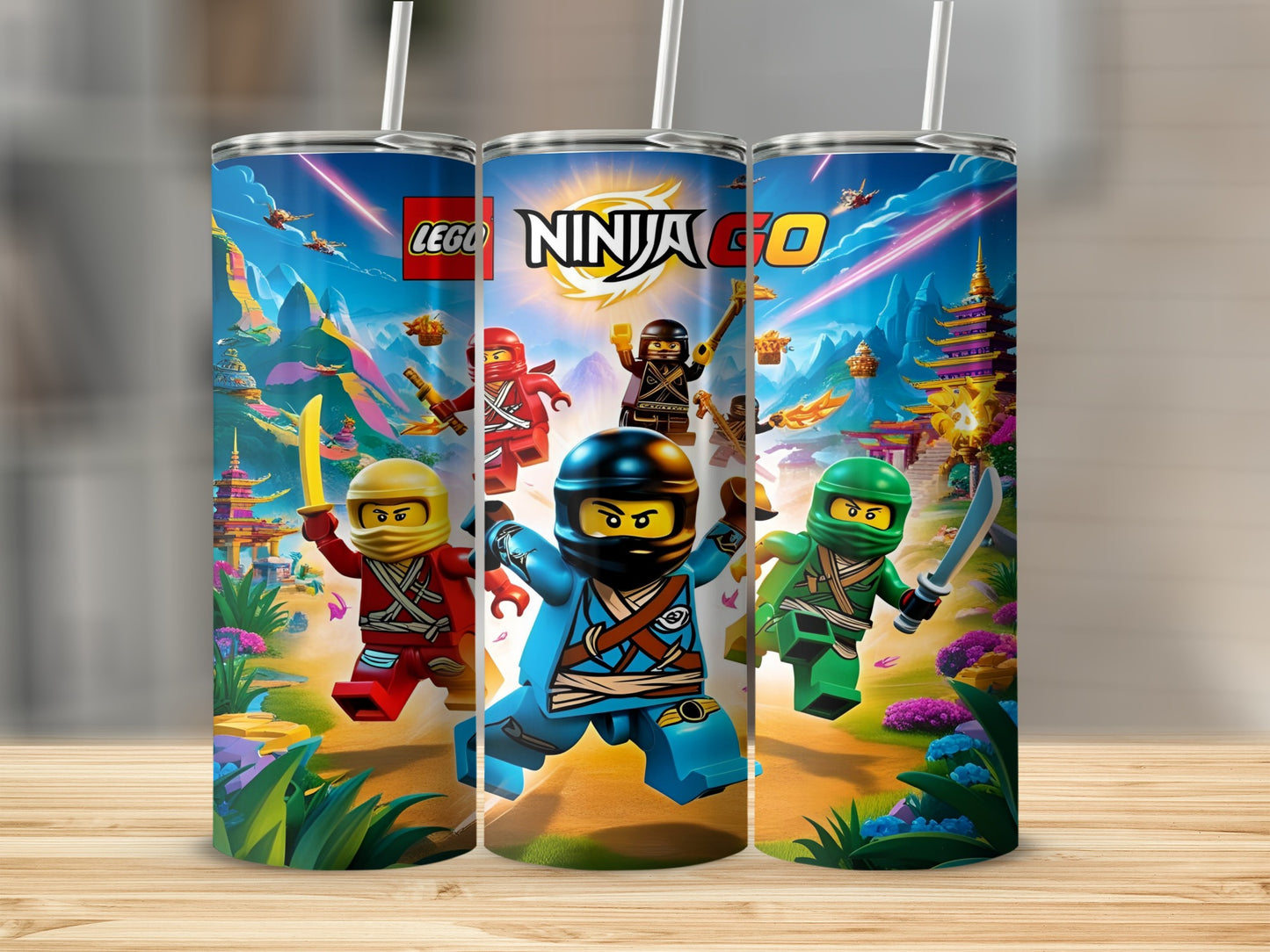 Ninjago characters from Lego in action, on a tumbler with a vibrant mountain landscape.