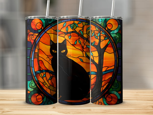 Black cat in a stained-glass tree design on three tumblers.