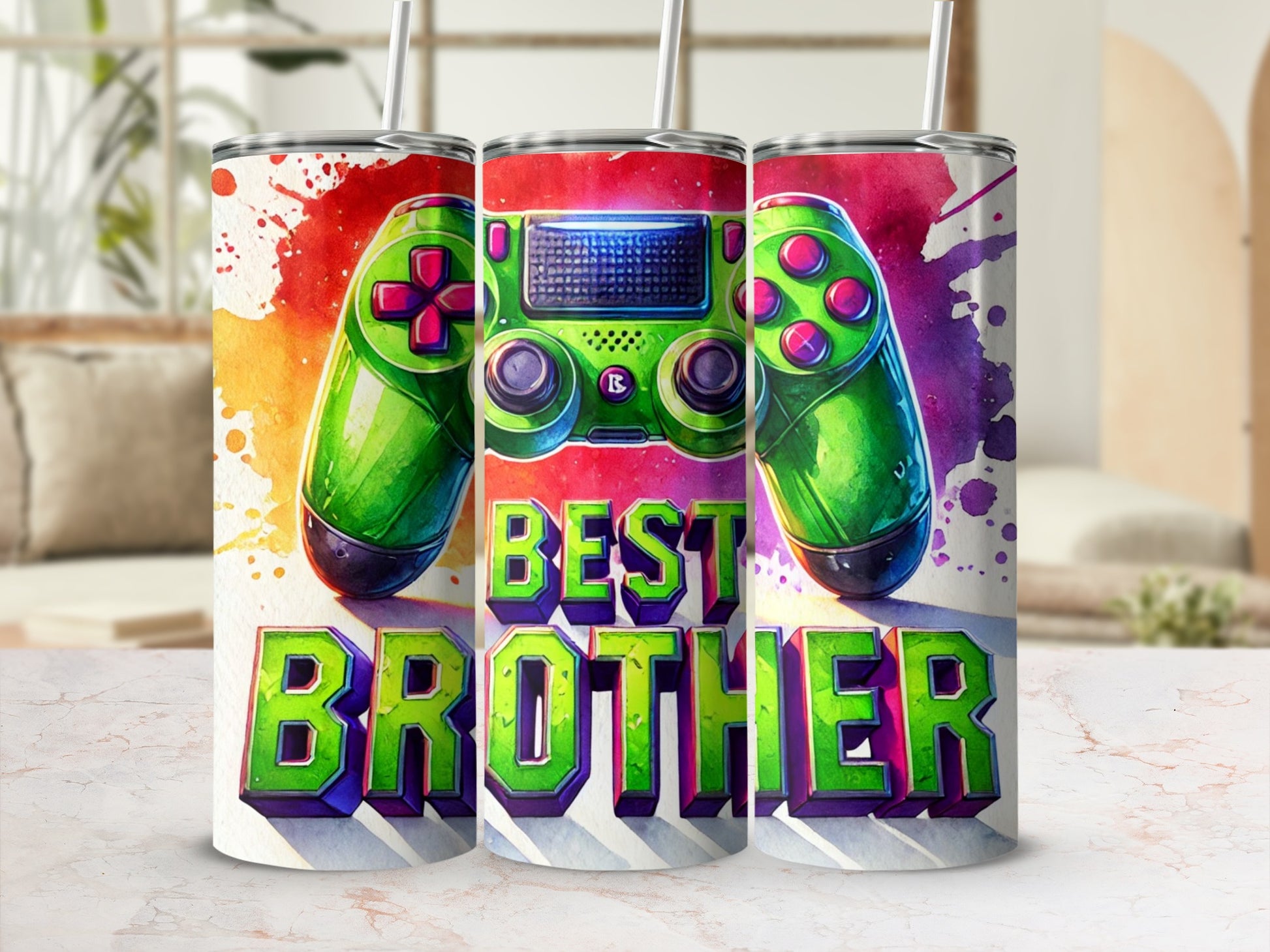 Green game controller graphic with "BEST BROTHER" text on a tumbler.