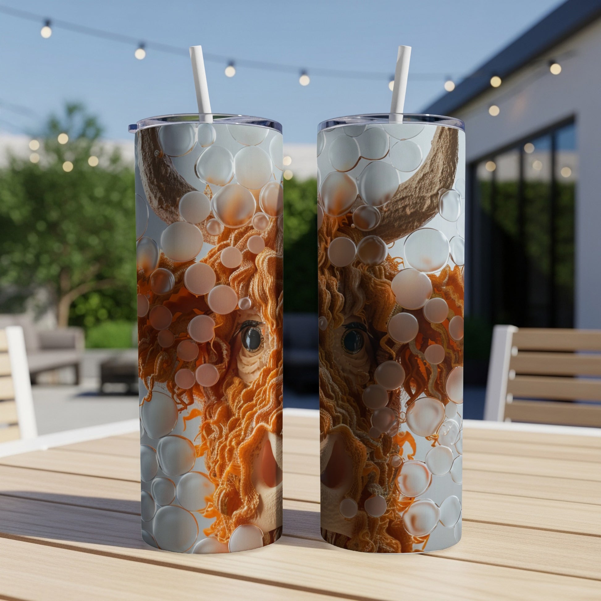 Two tumblers with a close-up abstract cow face design.