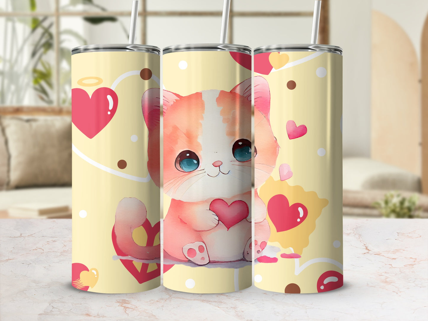 Cute Heart Cat Design Insulated Tumbler for Daily Use