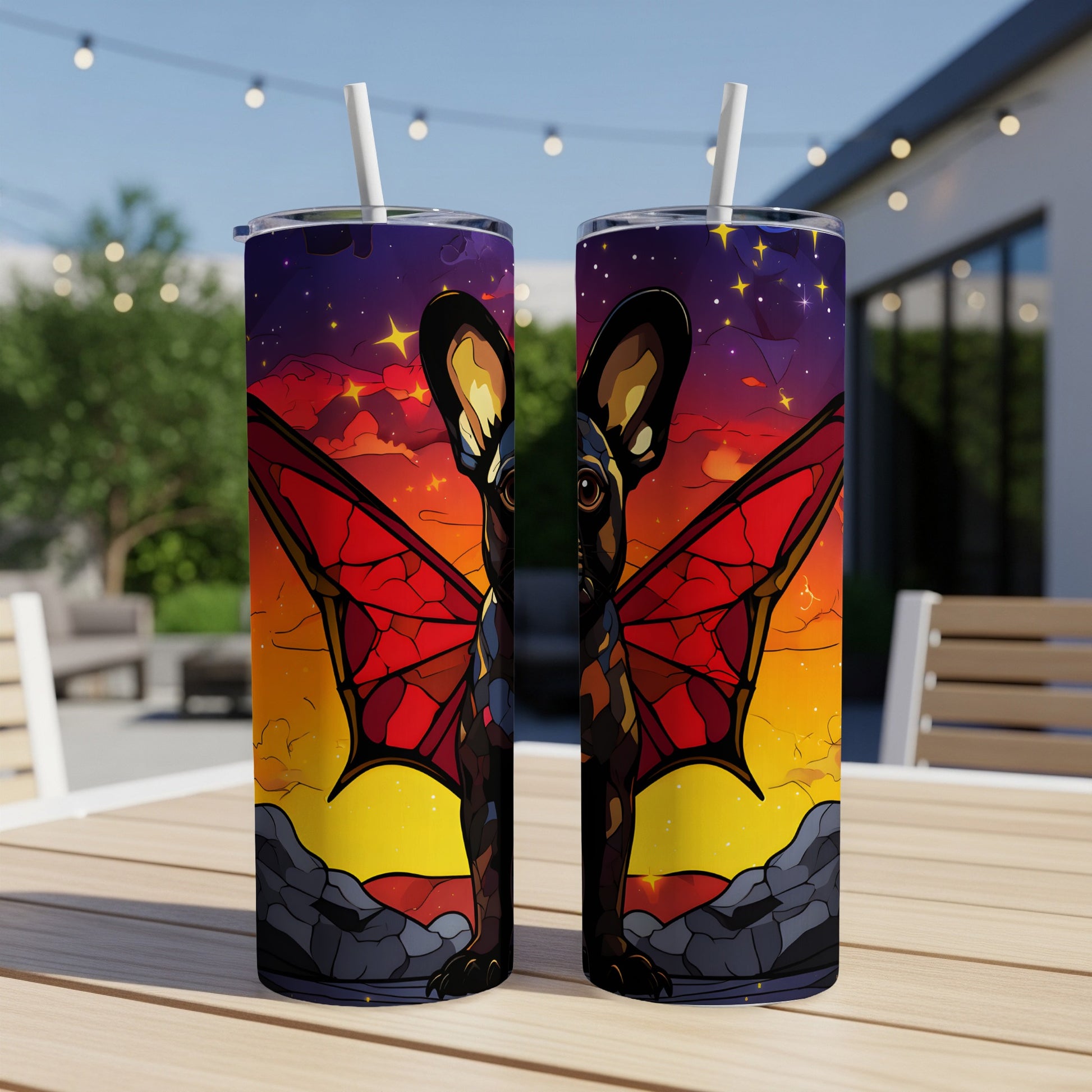 French bulldog with bat wings on a colorful sunset background, on two tumblers.