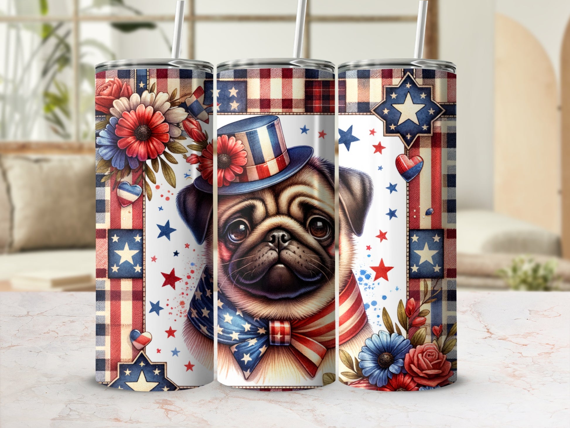Pug in a top hat with patriotic stars and flowers on a tumbler.