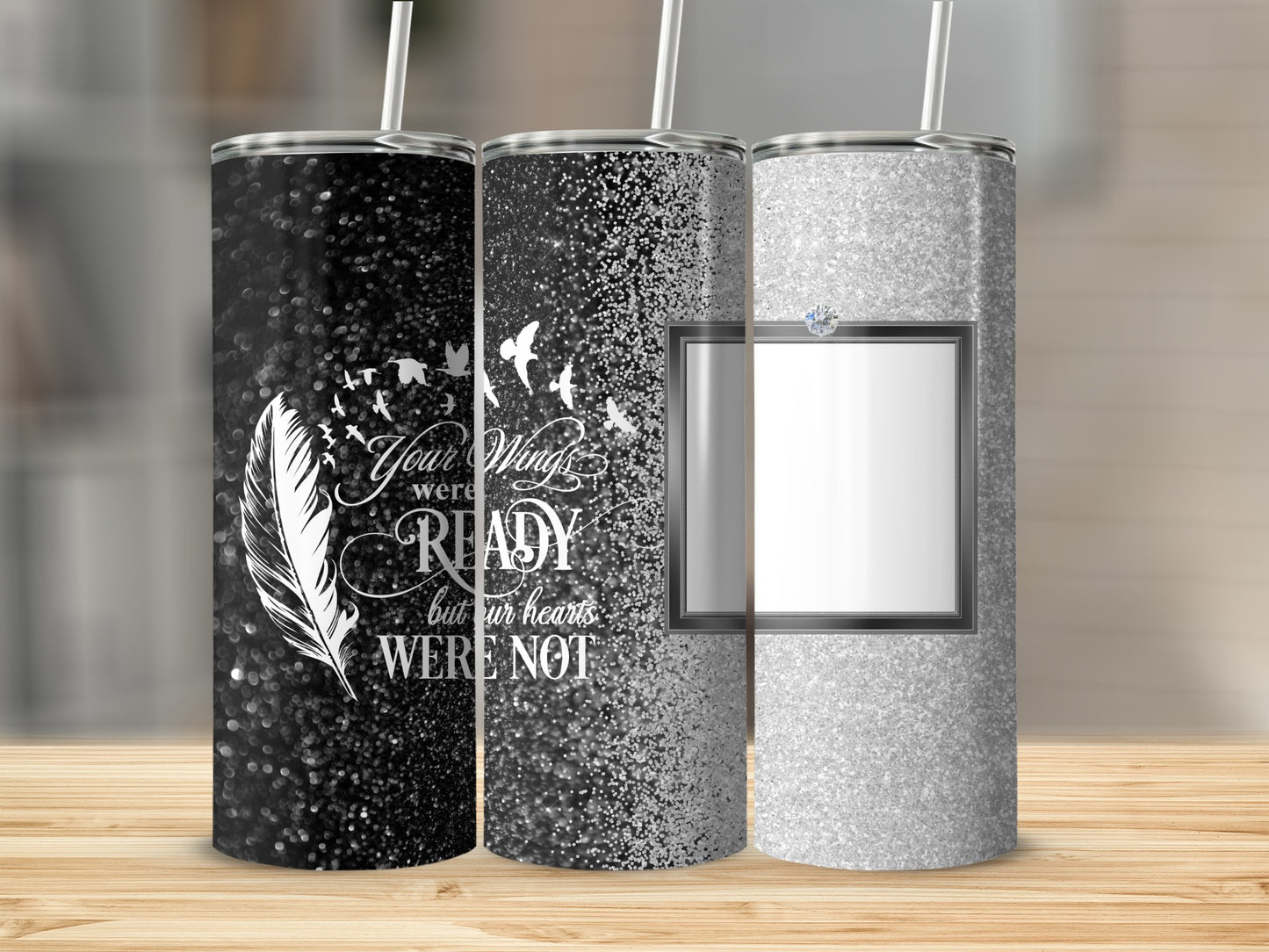 Three tumblers with glitter backgrounds and motivational text and graphics.