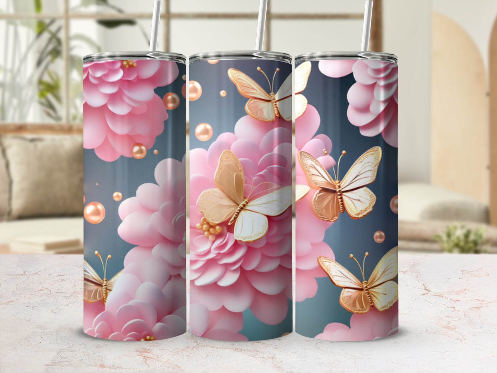 Pink floral pattern with golden butterflies and pearls on a tumbler.