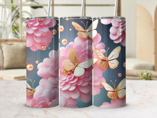 Pink floral pattern with golden butterflies and pearls on a tumbler.