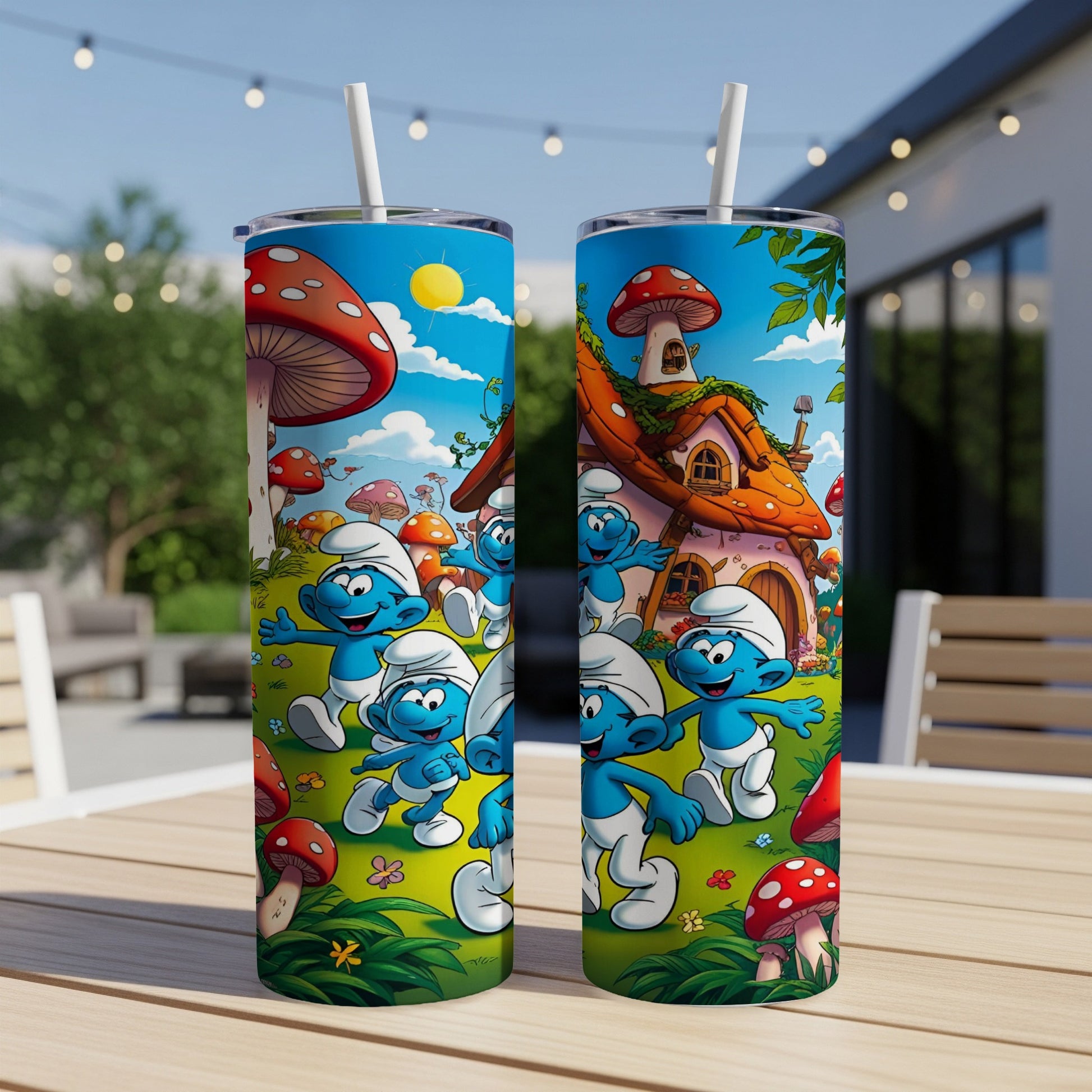 Smurfs celebrating in a whimsical village setting with mushrooms and a Smurf house.
