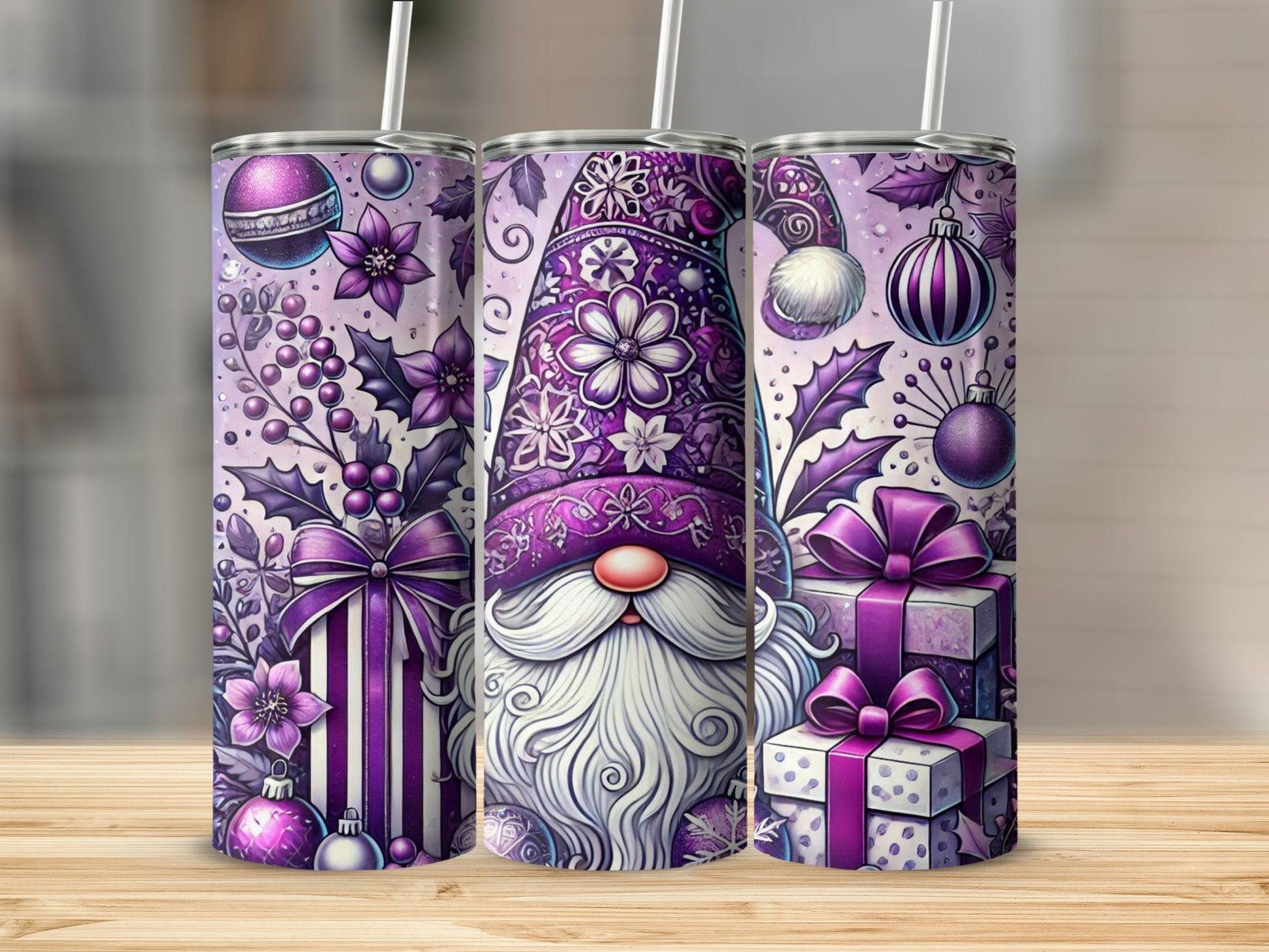 Purple gnome and Christmas ornaments on a tumbler.