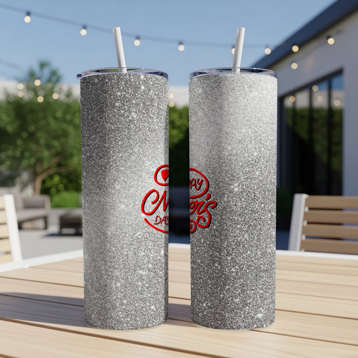 Silver glitter tumbler with "Happy Mother's Day" text on red heart.