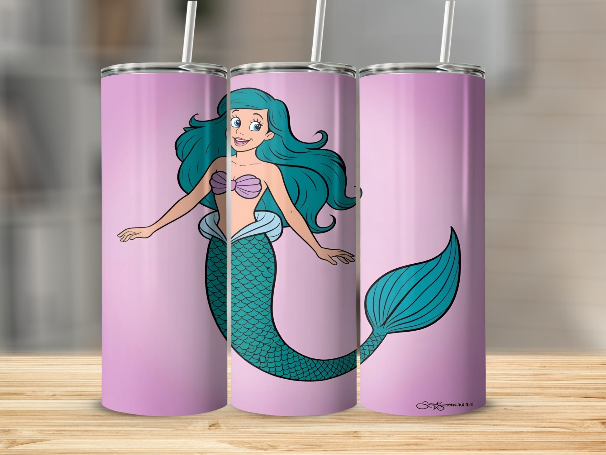 Cartoon mermaid with turquoise tail and flowing blue hair on pink background.