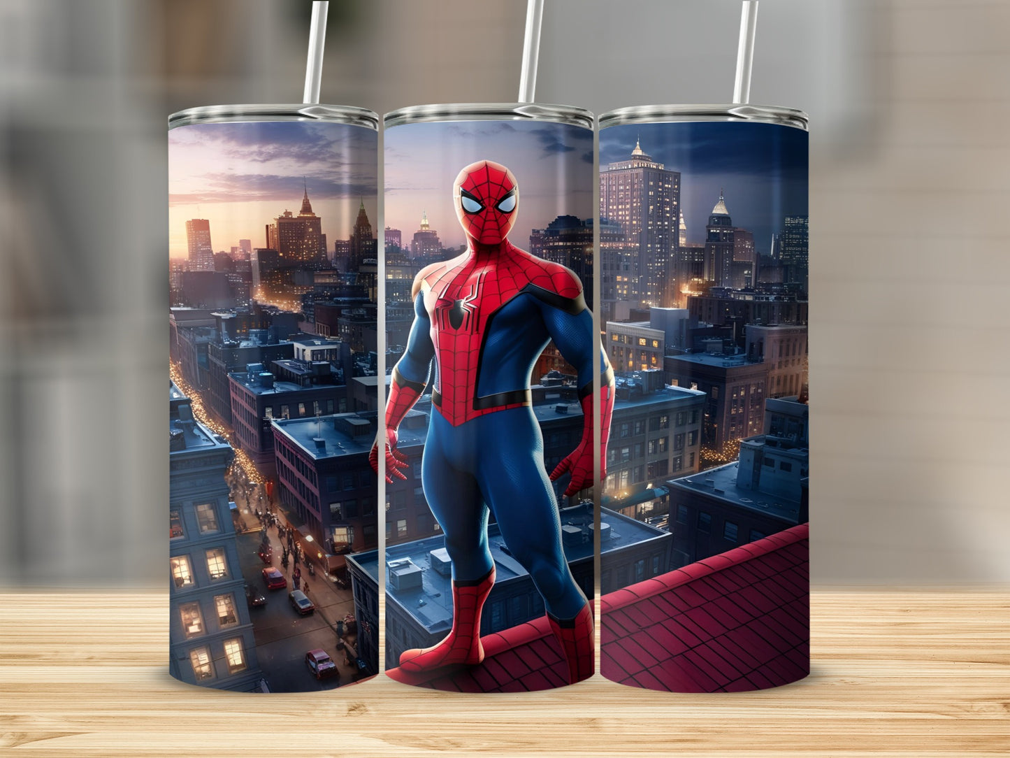 Spider-Man standing heroically on a skyscraper rooftop overlooking a city at dusk.