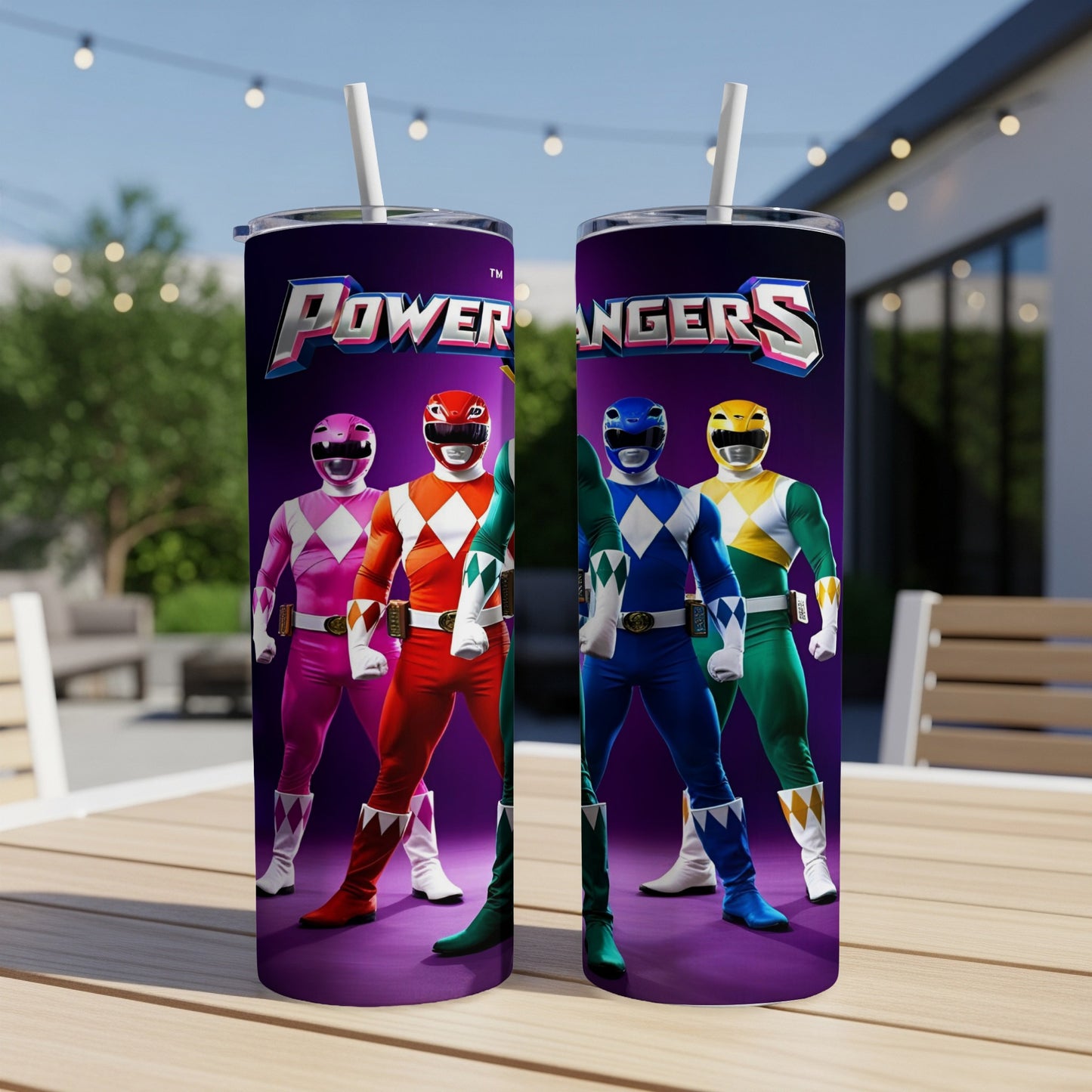 Two Power Rangers tumblers with the Power Rangers logo.