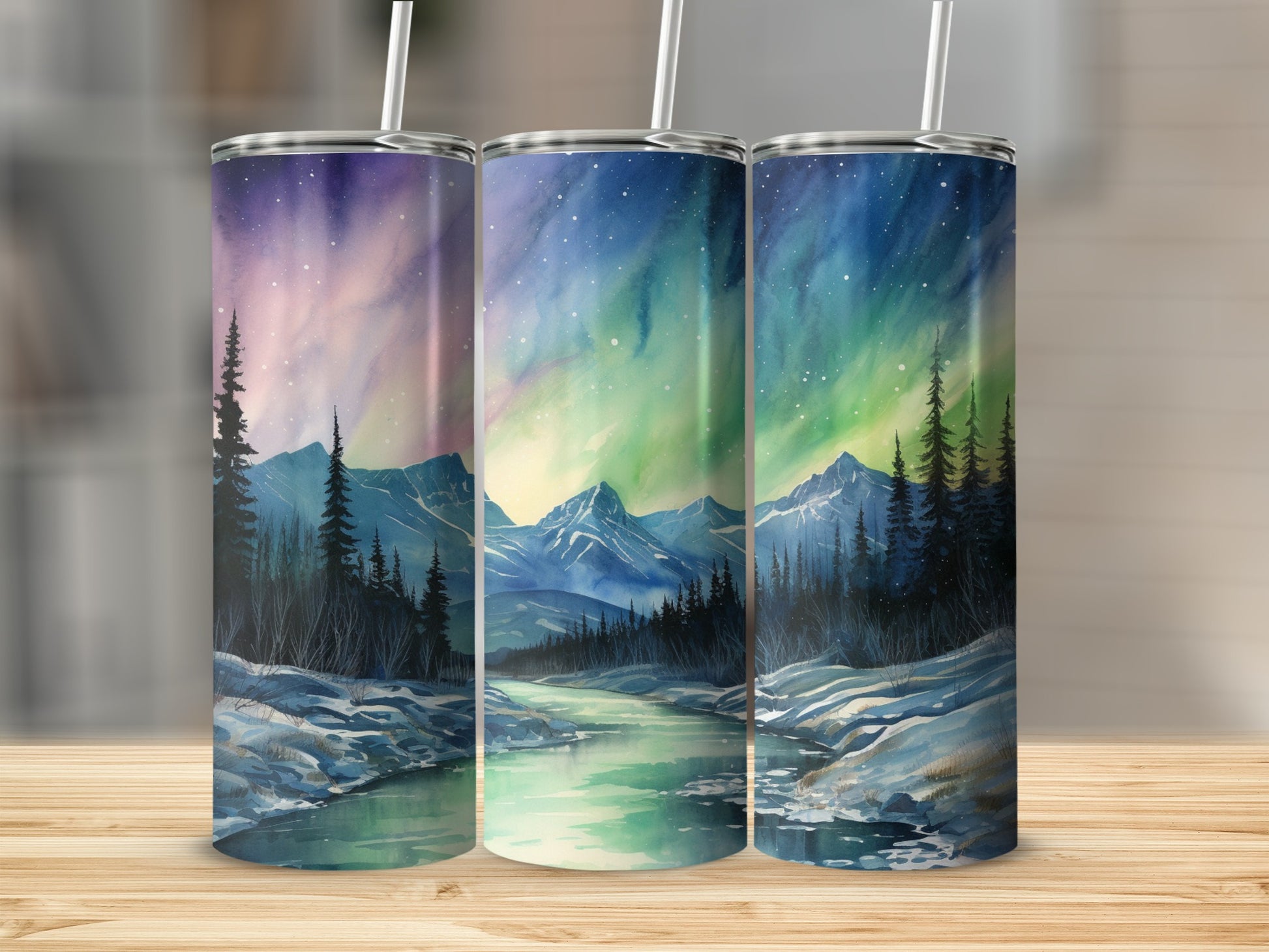 Northern Lights Mountain Scene Insulated Tumbler
