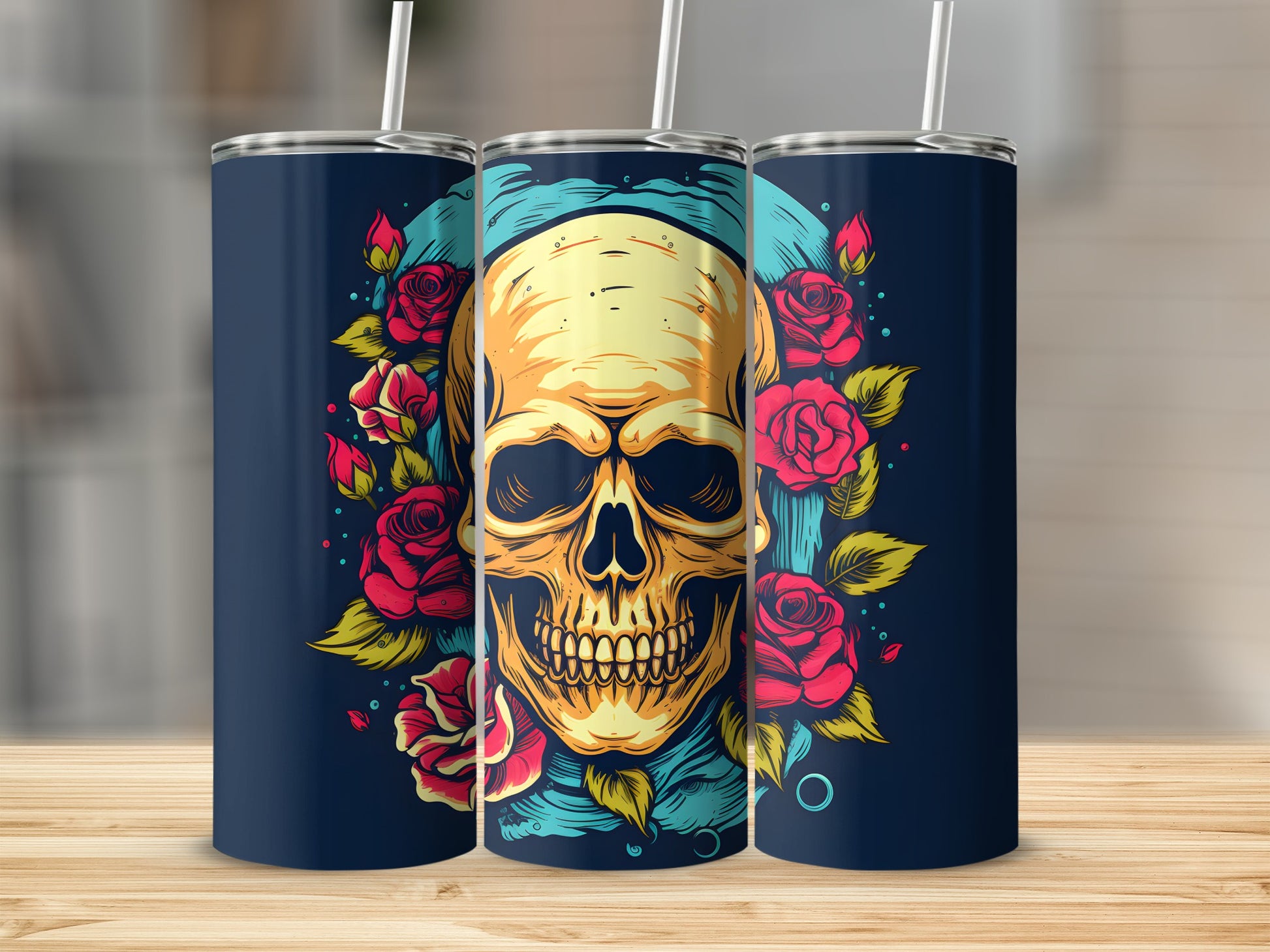 Dark blue tumbler with skull and red roses design.