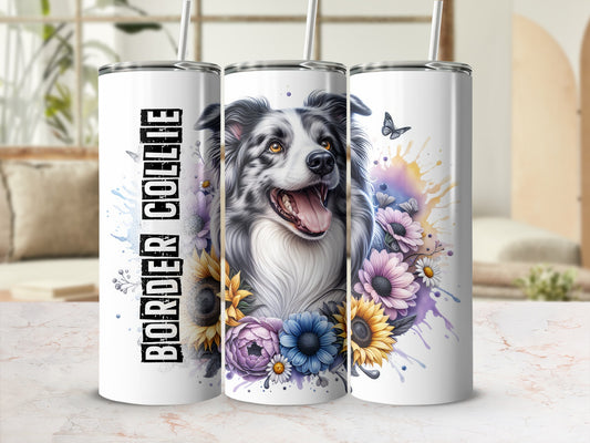 Border Collie tumbler with sunflowers, daisies, and butterflies.