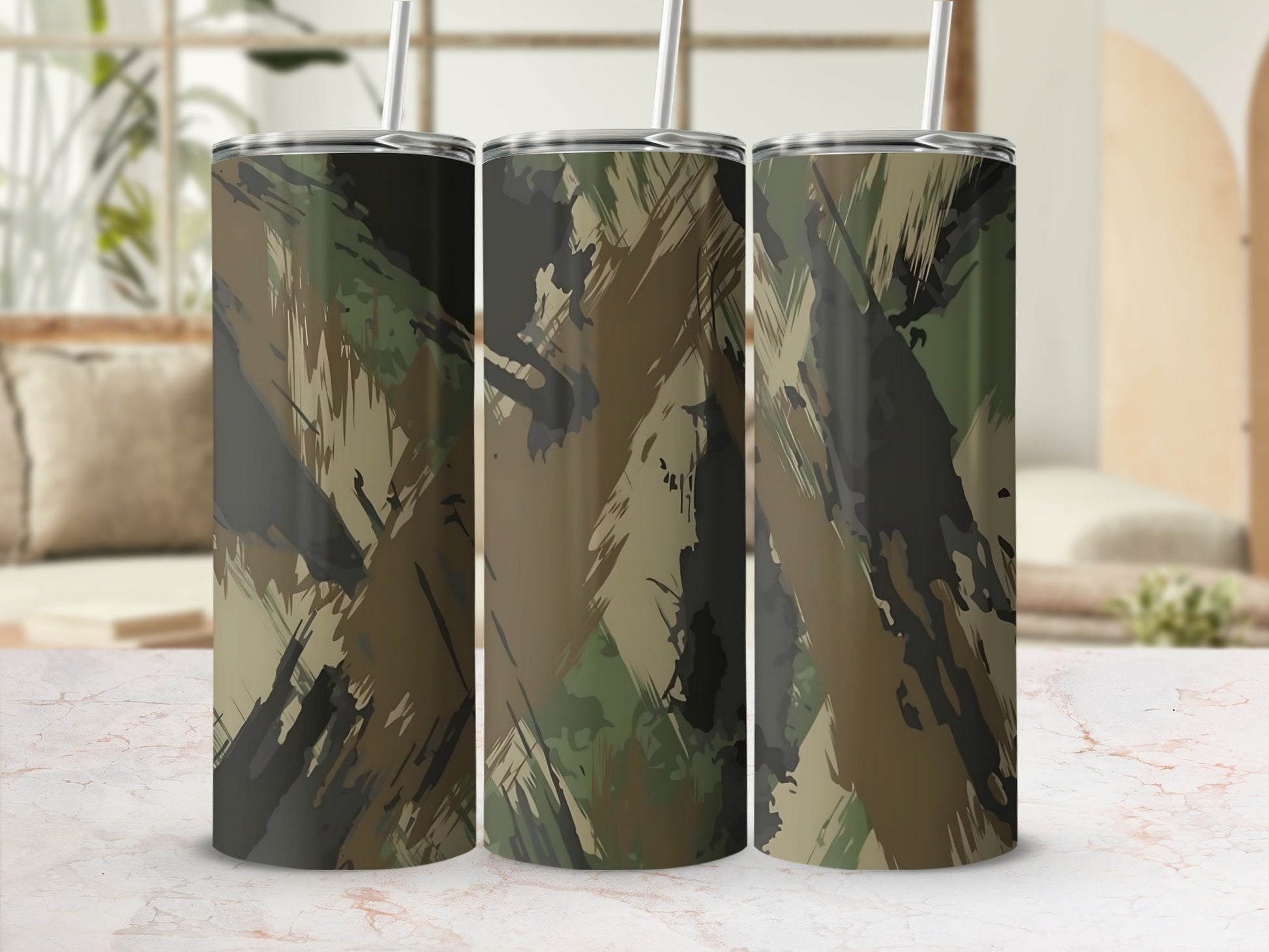 Camouflage Patterned Insulated Tumbler Cup with Straw