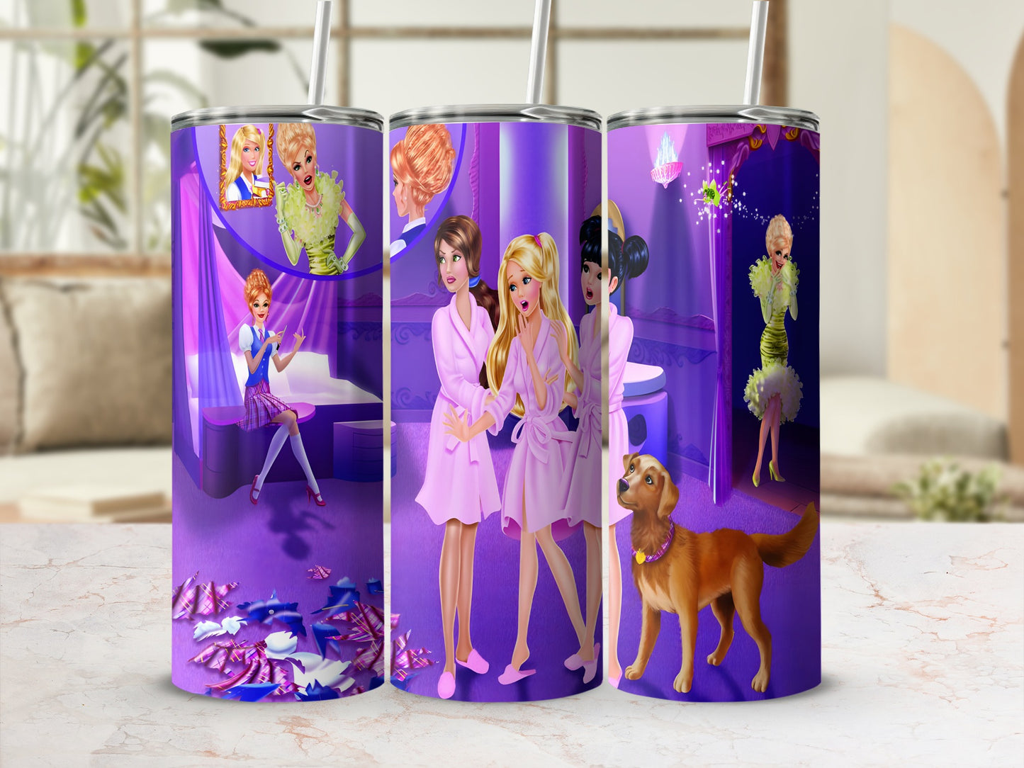 Three women in pink robes with a golden dog, against a purple, decorative background.