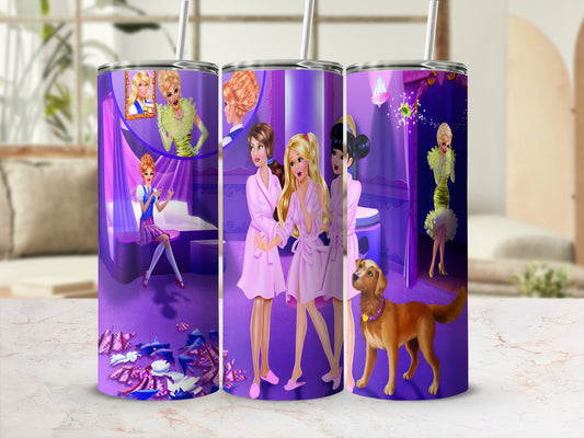Three women in pink robes with a golden dog, against a purple, decorative background.
