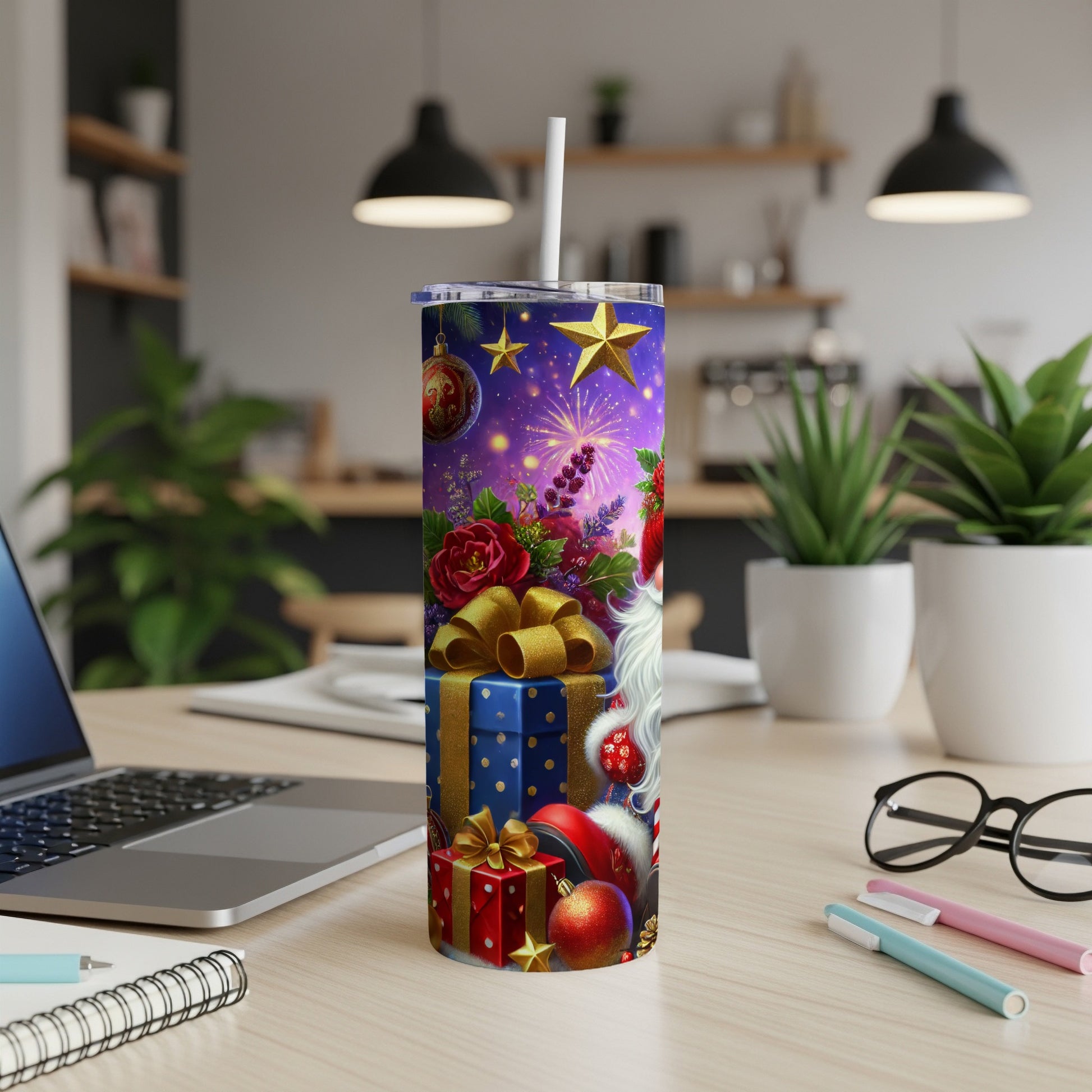 Santa Claus, gifts, and fireworks on a Christmas-themed tumbler.