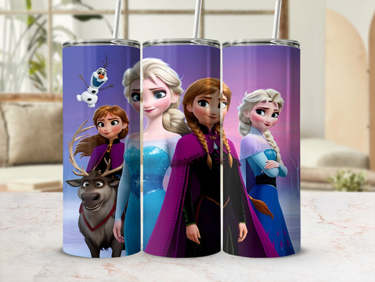 Frozen characters Elsa, Anna, and Olaf on a purple tumbler.