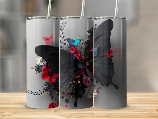 Three tumblers with black butterfly and floral design.