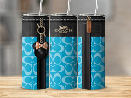Three tumblers with Coach logo, zipper detail, and blue 'C' pattern.