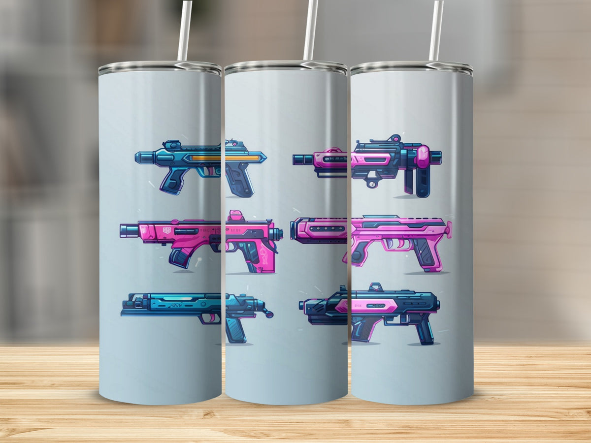 Three tumblers with a repeating pattern of futuristic guns in blue and pink.