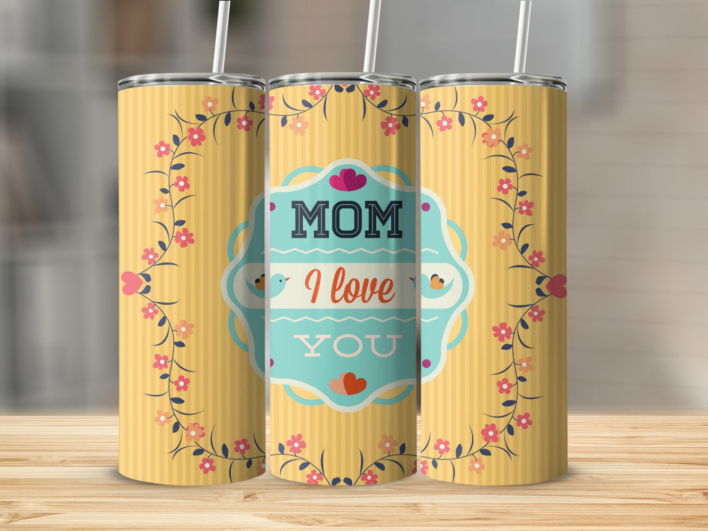 Mom I Love You Floral Design Tumbler Cup
