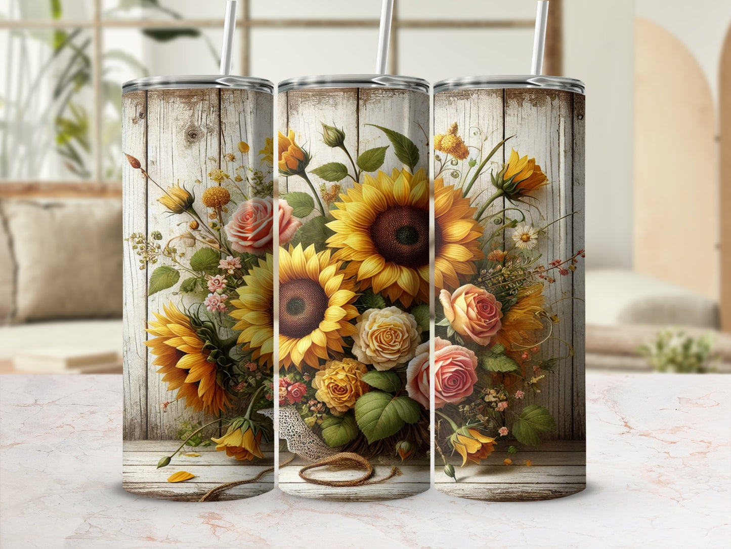 Stylish Floral Design Tumbler with Sunflowers and Roses
