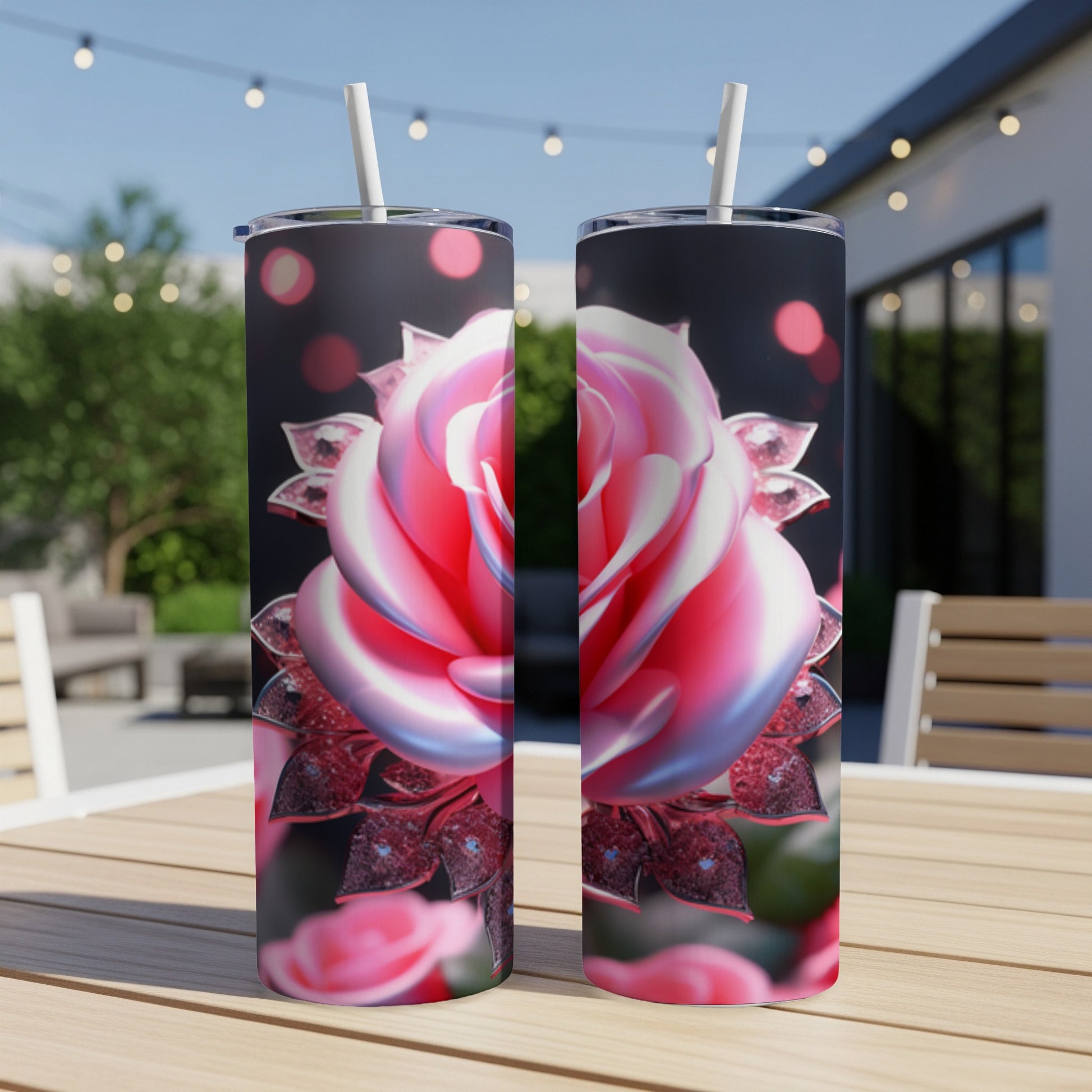 Pink rose design on a two-pack of insulated tumblers.